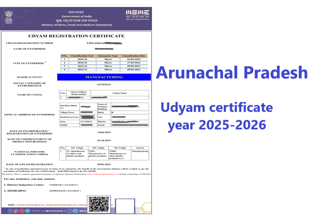 Arunachal Pradesh Udyam Certificate Year 2025-2026